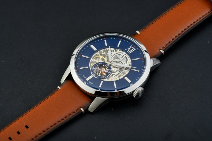 ME3154 Strap Dial Townsman Brown Light Fossil Leather Automatic Blue Skeleton