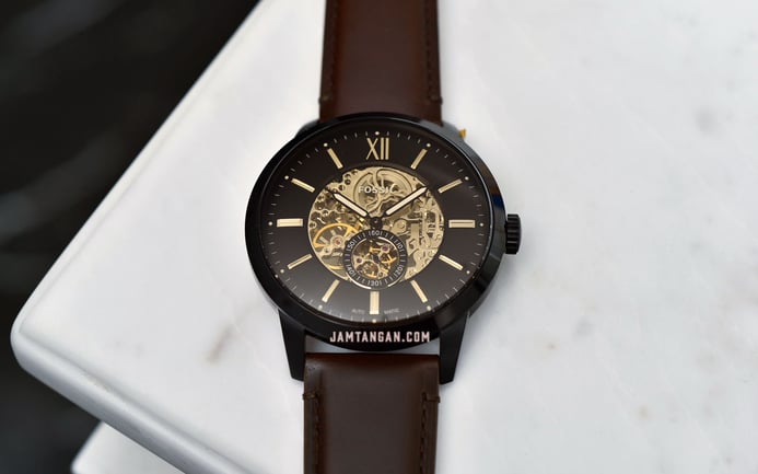 Fossil Townsman ME3155 Automatic Black Skeleton Dial Brown Leather Strap