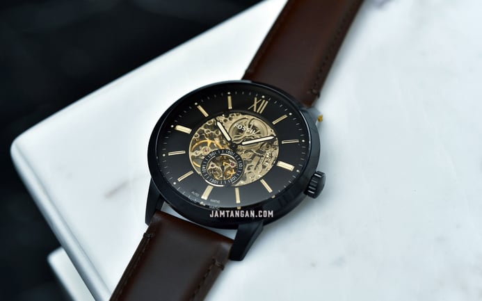 Fossil Townsman ME3155 Automatic Black Skeleton Dial Brown Leather Strap