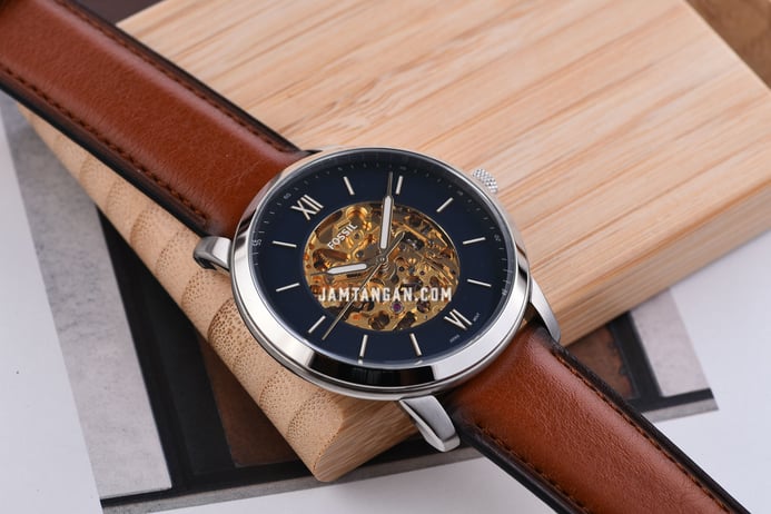 Fossil Neutra ME3160 Automatic Blue Gold Skeleton Dial Brown Leather Strap