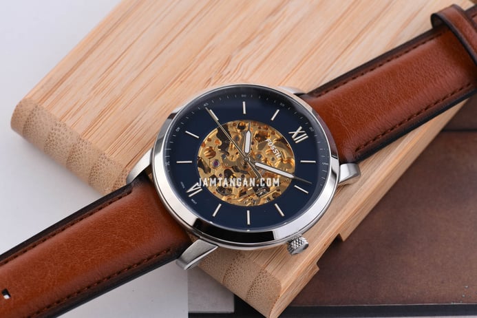 Fossil Neutra ME3160 Automatic Blue Gold Skeleton Dial Brown Leather Strap