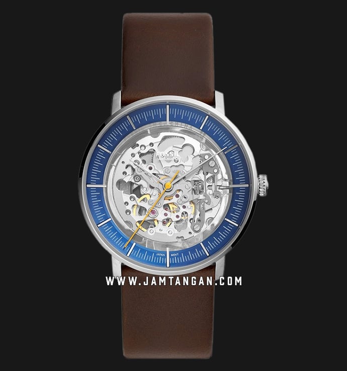 Fossil Chase ME3162 Automatic Men Skeleton Dial Dark Brown Leather Strap
