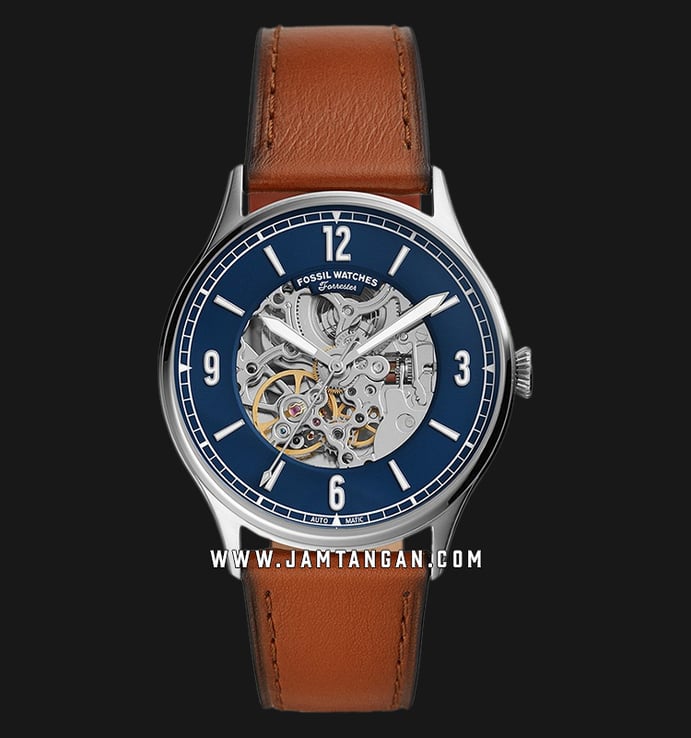 Fossil ME3179 Forrester Automatic Mens Blue Dial Brown Leather Strap