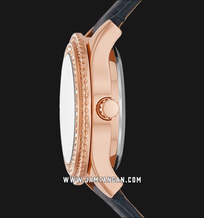 Fossil Stella ME3212 Ladies Automatic Open Heart Rose Gold Dial Blue Leather Strap