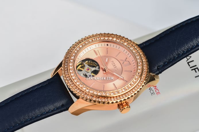 Fossil Stella ME3212 Ladies Automatic Open Heart Rose Gold Dial Blue Leather Strap