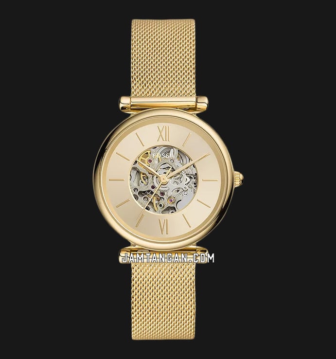 Fossil Carlie ME3250 Automatic Ladies Semi Skeleton Dial Gold Mesh Strap