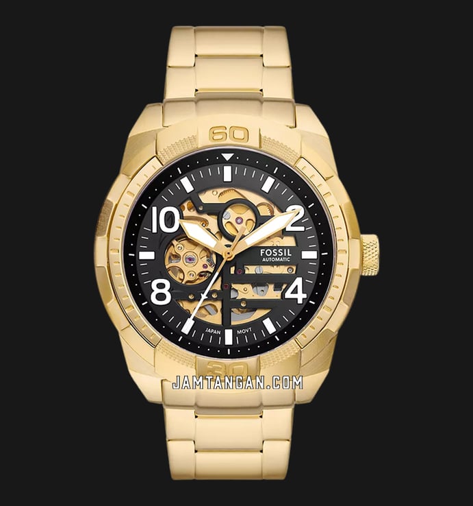Fossil Bronson ME3257 Men Automatic Skeleton Black Dial Gold Stainless Steel Strap