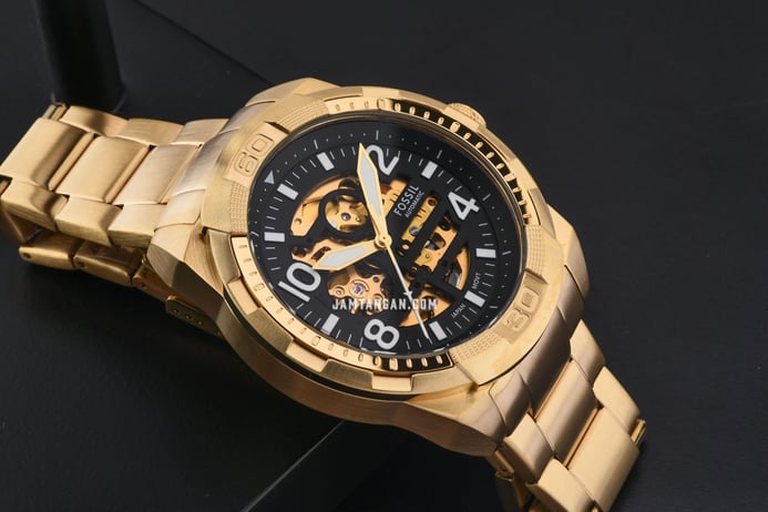 Fossil Bronson ME3257 Men Automatic Skeleton Black Dial Gold Stainless Steel Strap