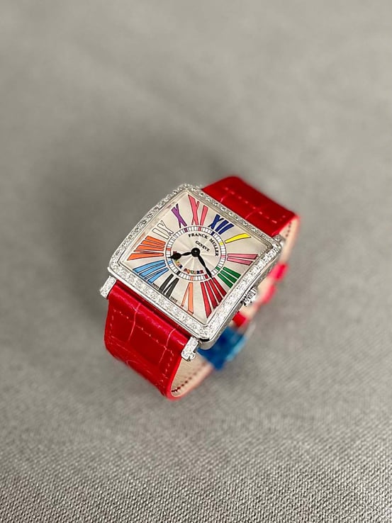 Franck Muller 6002 M B QZ COL DRM R D 1R Master Square Steel Diamond Colordream Red Leather Strap