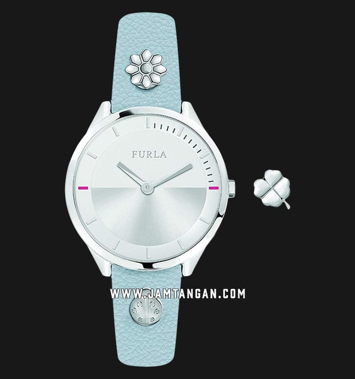 Furla Pin R4251112508 Ladies Silver White Dial Light Blue Leather Strap + Extra Pin