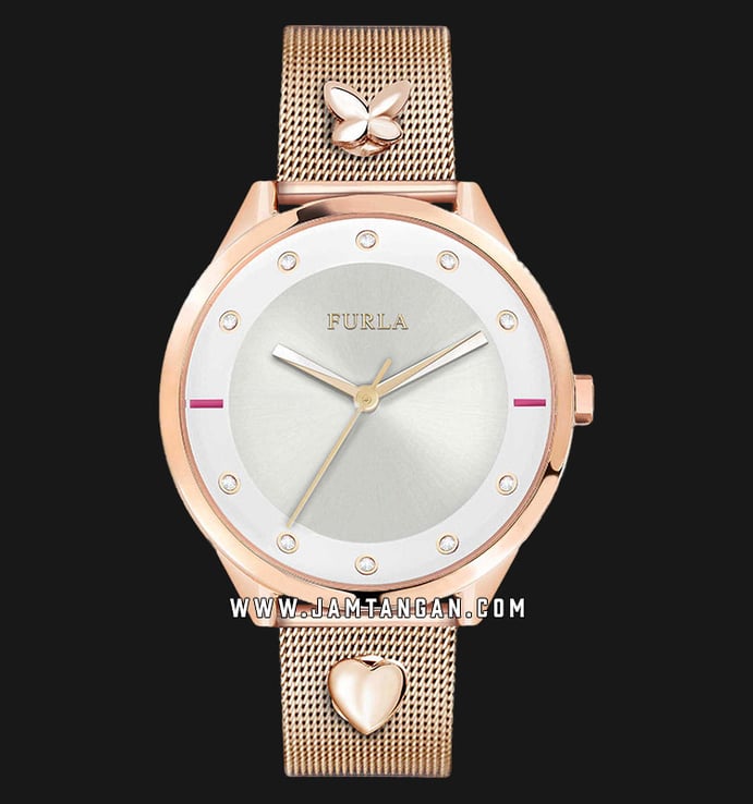 Furla Pin Crystal R4253102525 Ladies Silver Dial Rose Gold Stainless Steel Strap