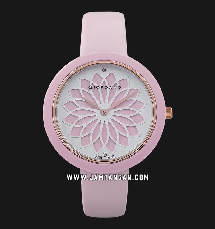 Giordano Fashionista GD-2148-05 Ladies Flower Motif Pink Dial Baby Pink Leather Strap