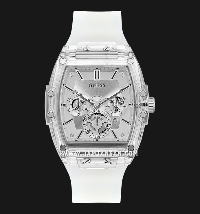 Guess Phoenix GW0203G1 Silver Skeleton Dial Clear Silicone Strap