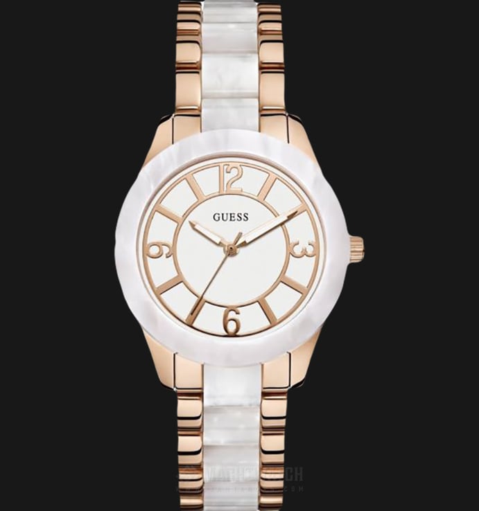 Guess U0074L2 Women White Dial Rose Gold-tone Stainless Steel White Marbellized Watch