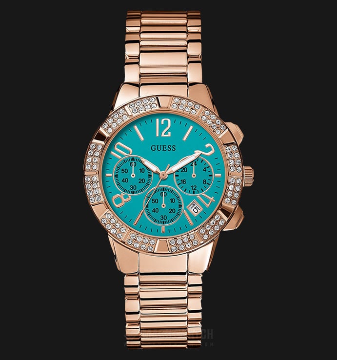 Guess U0141L6 Women Blue Dial Glamorous Sparkling Chronograph Rose Gold Stainless Steel Watch