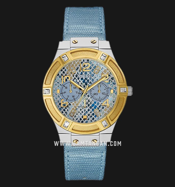 Guess Multi-Function U0289L2 Ice Blue Python-printed Dial Light Blue Leather Strap