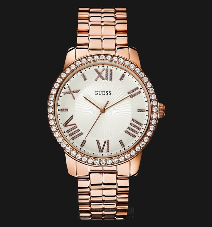 Guess U0329L3 Women Dazzling Oversized Silver Dial Rose Gold-tone Crystal Watch