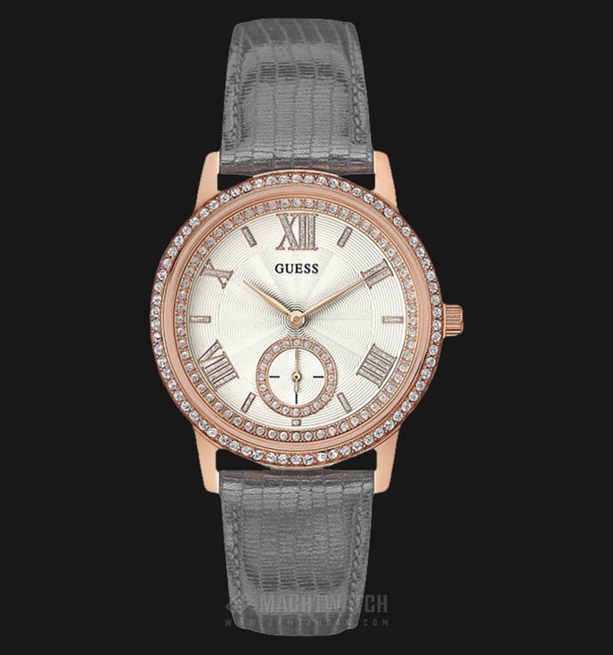 Guess U0642L3 Women White Dial Rose Gold Stainless Steel Case Gray Leather Strap