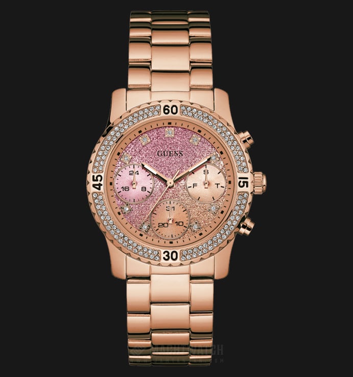 Guess U0774L3 Women Iconic Pink-Glitter Dial Rose Gold-tone Multi-function Watch