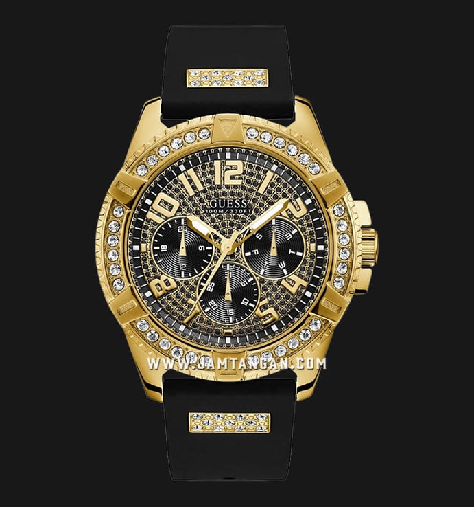 Guess Frontier W1132G1 Gold With Black Crystals Dial Black Silicone Strap
