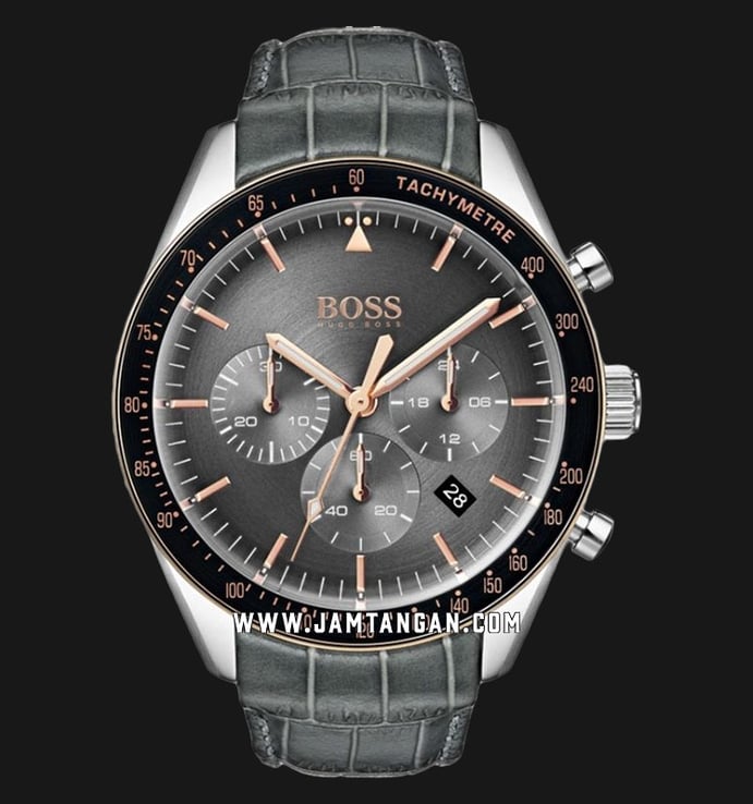 Hugo Boss Trophy 1513628 Men Chronograph Grey Dial Grey Leather Strap