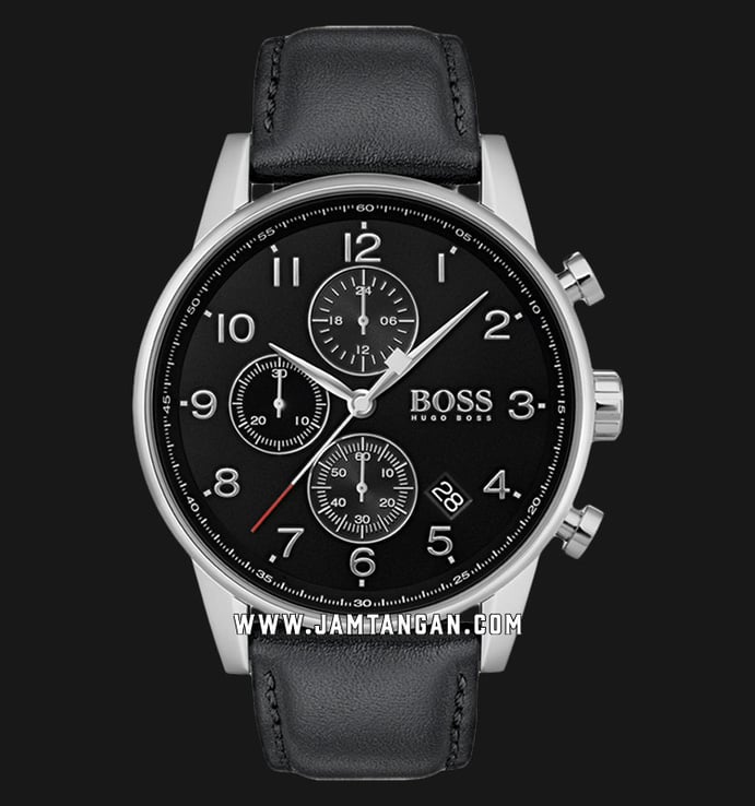 Hugo Boss Navigator 1513678 Men Chronograph Black Dial Black Leather Strap