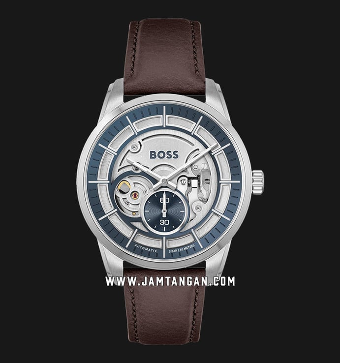 Hugo Boss Sophio 1513944 Automatic Open Heart Silver Dial Brown Leather  Strap