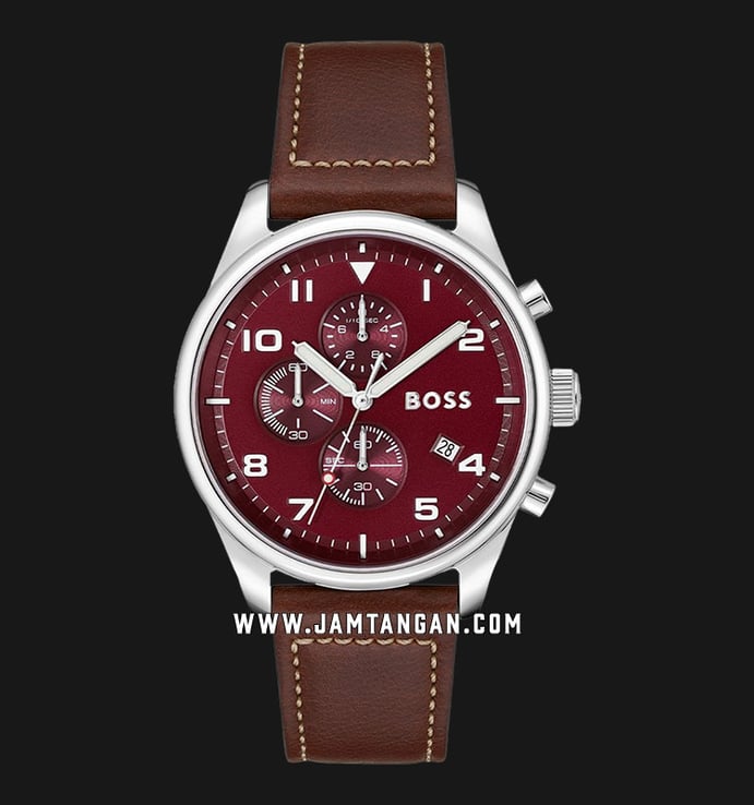 Strap View Hugo Brown Dial 1513988 Red Chronograph Boss Leather