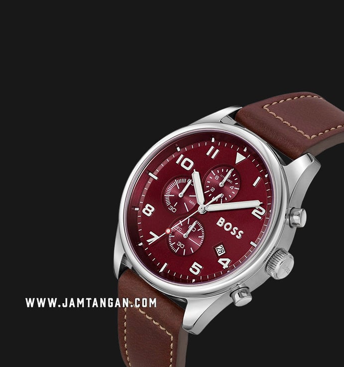Brown Hugo Dial Red Chronograph Strap View Boss Leather 1513988