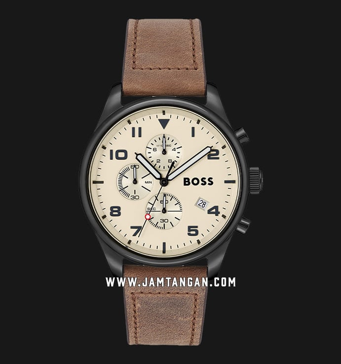 Hugo Boss View 1513990 Chronograph Beige Dial Brown Leather Strap