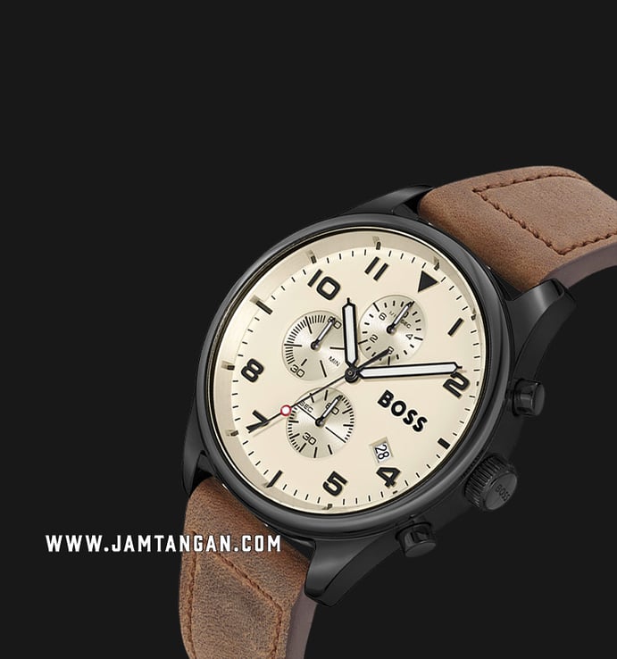 Hugo Boss View 1513990 Chronograph Beige Dial Brown Leather Strap