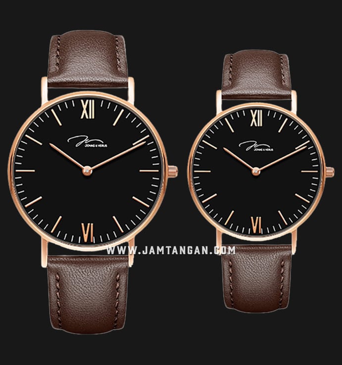 Jonas & Verus Y01646-Q3.PPBLZ_X01646-Q3.PPBLZ Collection Couple Black Dial Brown Leather Strap