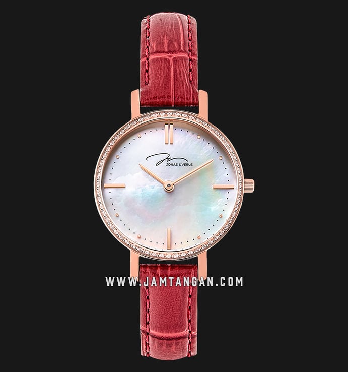 Jonas & Verus Lumiere X00718-Q3.PPWLRD Ladies Mother of Pearl White Dial Red Leather Strap