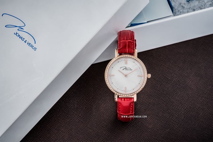 Jonas & Verus Lumiere X00718-Q3.PPWLRD Ladies Mother of Pearl White Dial Red Leather Strap