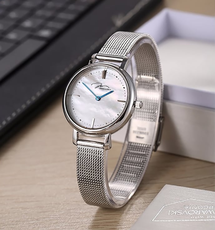 Jonas & Verus Lumiere X00718-Q3.WWWBW Ladies Mother of Pearl White Dial Stainless Steel Mesh Strap