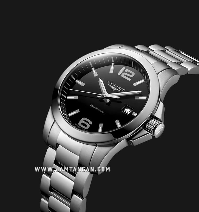 Longines Conquest L37594586 Black Lacquered Polished Dial Stainless Steel Strap