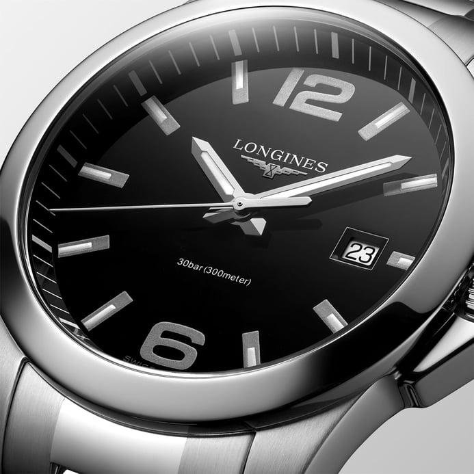 Longines Conquest L37594586 Black Lacquered Polished Dial Stainless Steel Strap