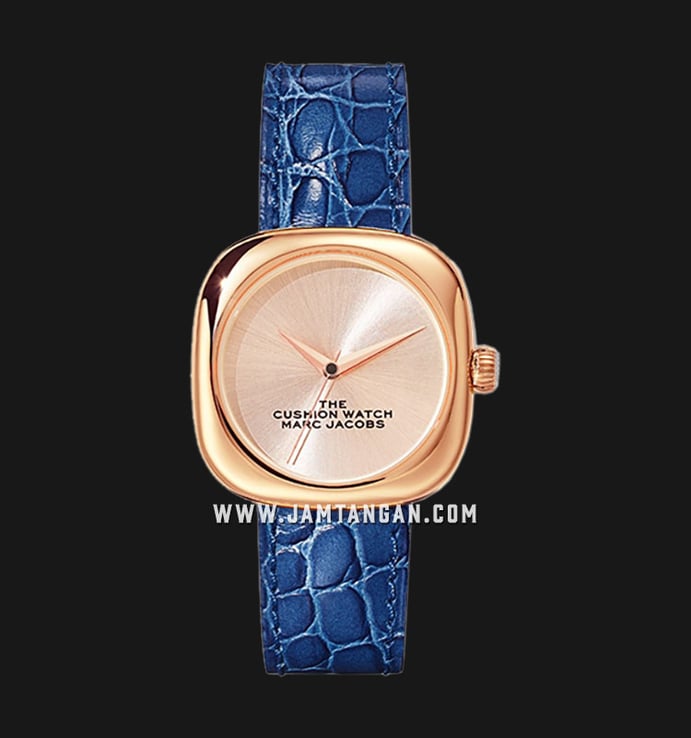 Marc Jacobs The Cushion Watch MJ0120179306 Ladies Rose Gold Dial Blue Leather Strap