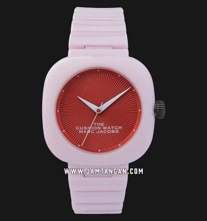 Marc Jacobs The Cushion Watch MJ0120184711 Ladies Red Dial Pink Stainless Steel Strap 