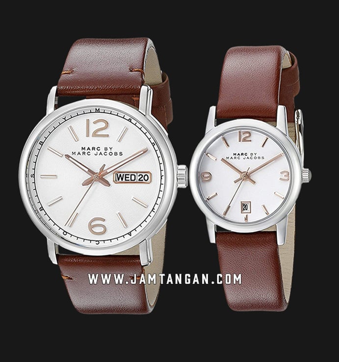Marc Jacobs MJ9721SET White Dial Brown Leather Strap Couple