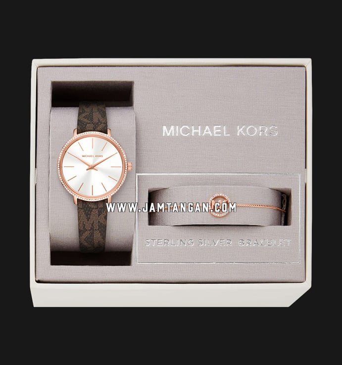 Michael Kors Pyper MK1036 Ladies Silver Dial Brown Polyvinyl Chloride Strap + Gift Set