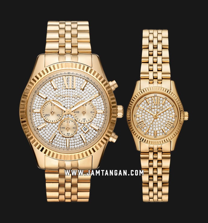 Michael Kors Lexington MK1047 His and Her Crystal Dial Gold Stainless Steel Strap