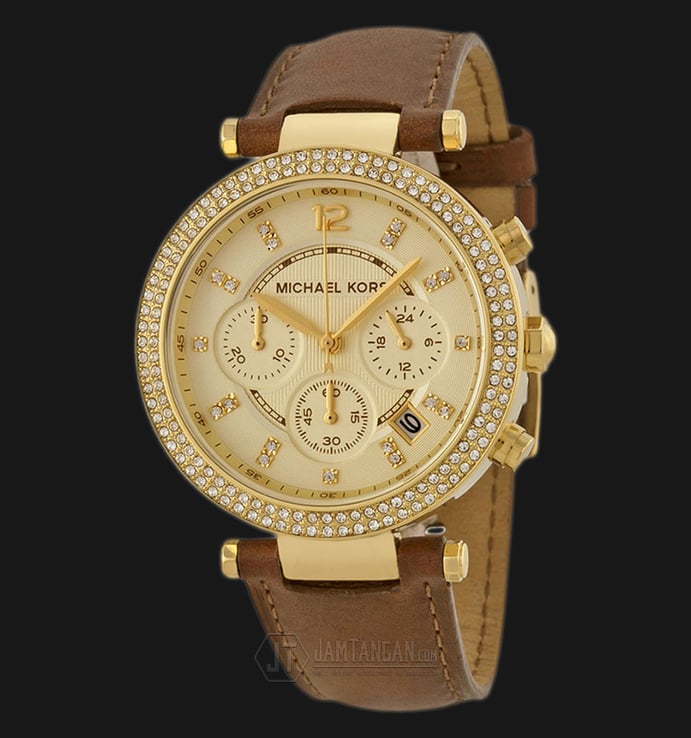 Michael Kors MK2249 Parker Chronograph Gold Dial Brown Leather Strap Watch