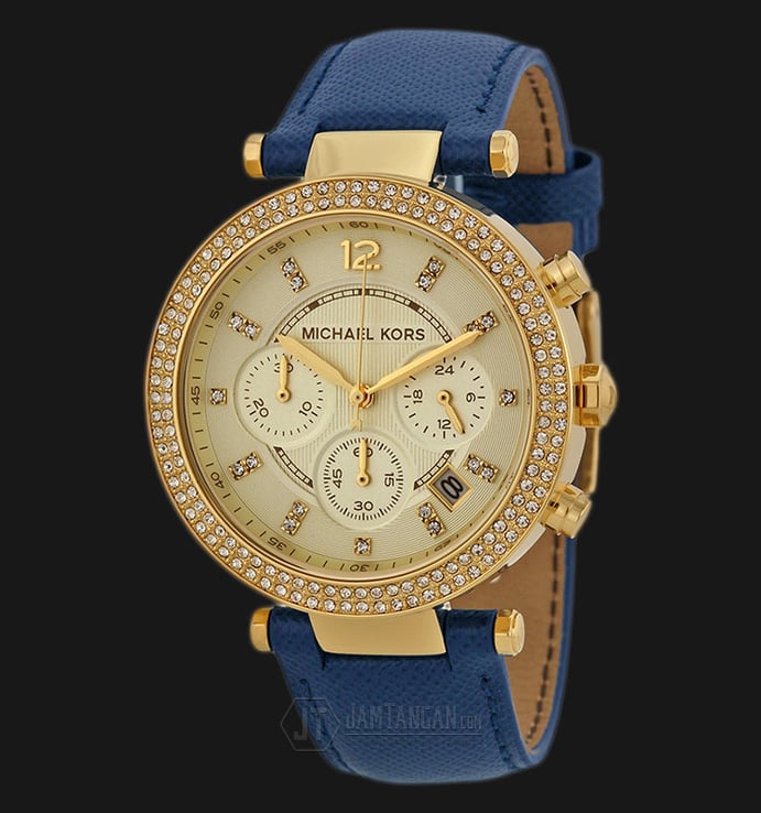 Michael Kors MK2280 Parker Chronograph Gold Dial Navy Leather Strap Watch