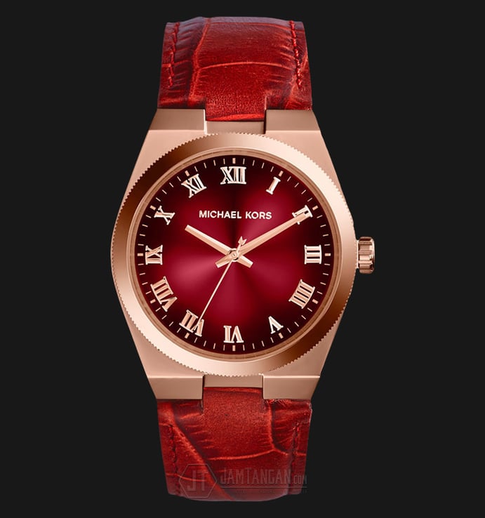 Michael Kors MK2357 Channing Red Leather Rose Gold Stainless Steel Ladies
