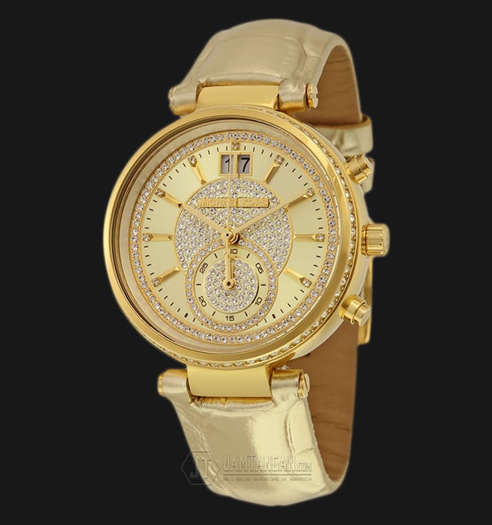 Michael Kors MK2444 Sawyer Champagne Dial Gold Leather Strap Watch