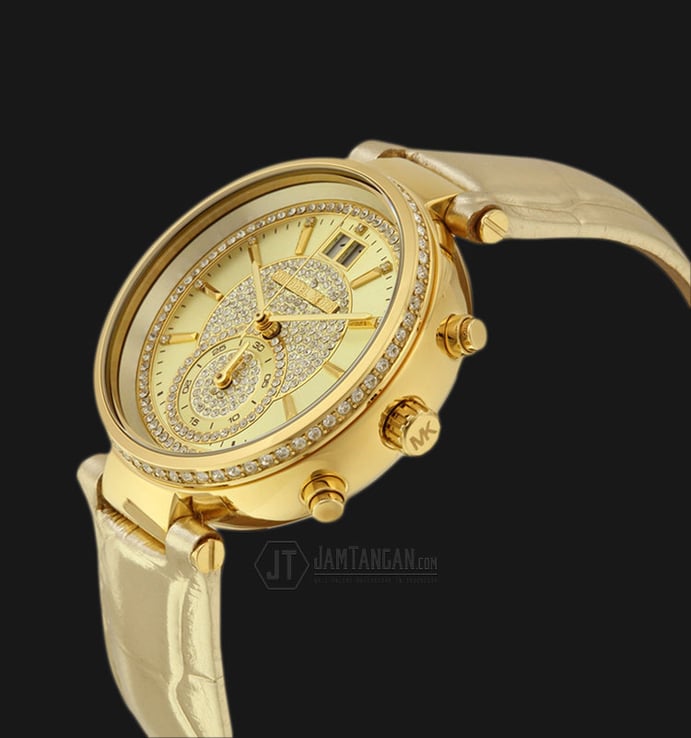 Michael Kors MK2444 Sawyer Champagne Dial Gold Leather Strap Watch