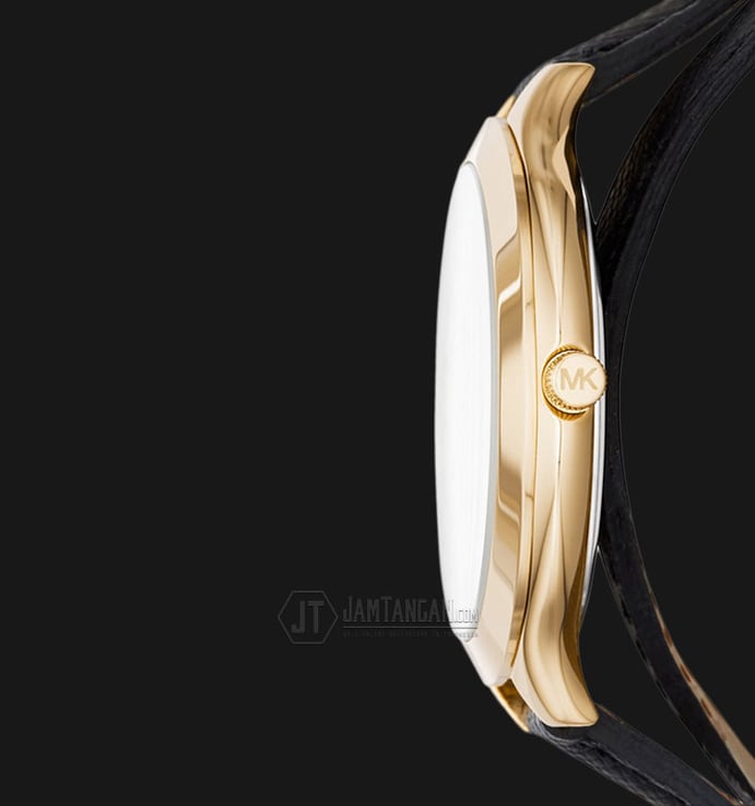 Michael Kors MK2468 Slim Runway Gold Dial Black Leather Strap Watch