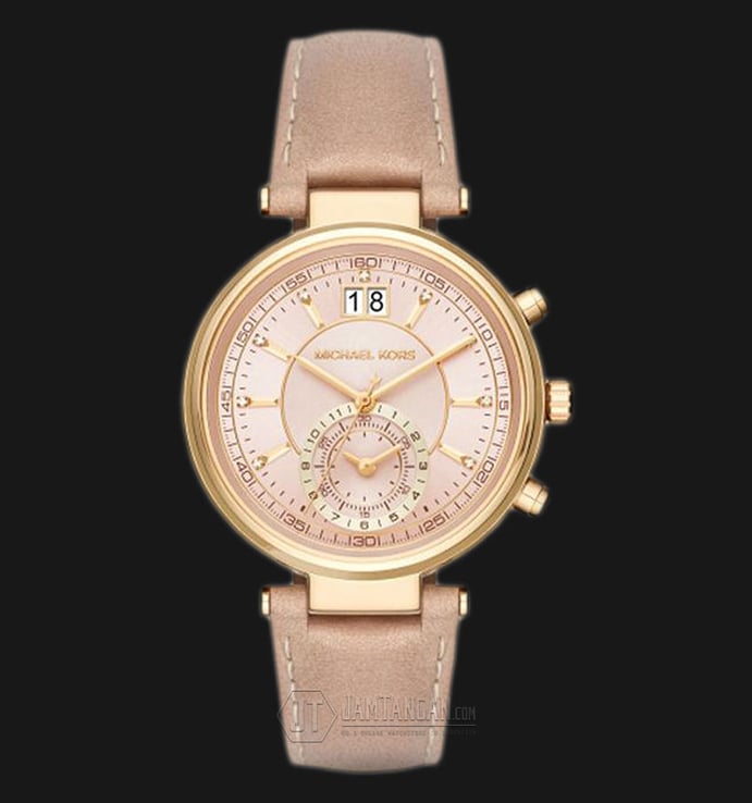 Michael Kors MK2529 Sawyer Chronograph Rose Gold Dial Beige Leather Strap Watch