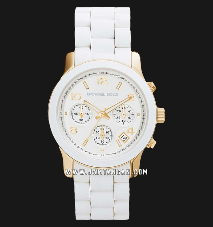 Michael Kors MK5145 Runway Chronograph Ladies White Dial White Stainless Steel with Ceramic Strap